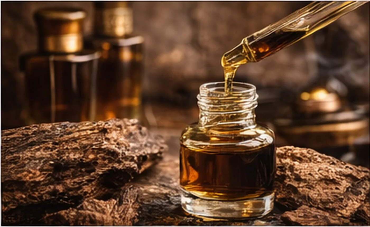 Pipette filling a vial with pure oud oil